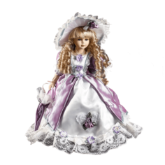 Кукла коллекционная керамика "Ангелина в сиренево-розовом платье. шляпе, с зонтом" 35 см No Brand
