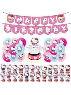 Декор-набор С Днем рождения, Хелло Китти, гирлянда, топперы, шары, лента, 114507SMM No Brand
