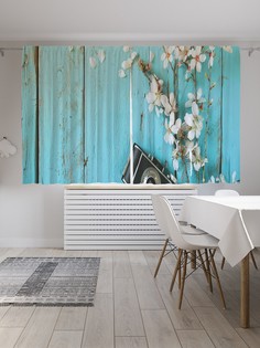 Классические шторы JoyArty "Цветы и фотоаппарат на досках", Oxford DeLux, 2шт 145x180 см