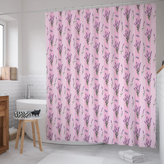 Штора для ванной JoyArty "Лаванда стрекоза на розовом фоне" из сатена,180х200см с крючками