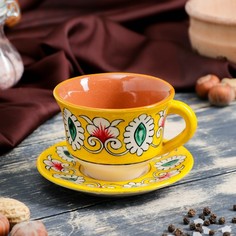 Чайная пара Шафран Риштанская Керамика "Цветы", 100 мл, тарелка 10см, чашка 7,5см, желтая Shafran