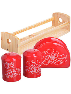 Набор для специй на подставке Loraine "Красный узор" 4 предмета доломит 4 предмета 25832