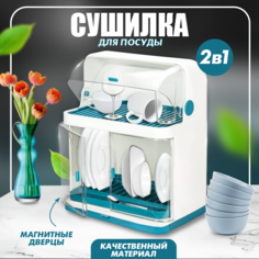 Настольная сушилка для посуды Solmax закрытая сушка на кухню 37x25x46см белый бирюзовый