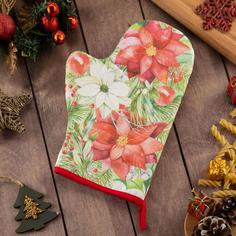 Варежка-прихватка Christmas red flowers 20х28см, саржа, 100% х/л, ватин 250г/м2 No Brand