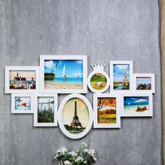 Фоторамка пластик на 10 фото 10х10, 10х15, 13х18, 15х20, 20х25 см "Корона" белая 45х80 см No Brand