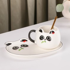 Чайная пара с ложкой «Панда», 180 мл, блюдце 19,5?14,5 см, рисунок МИКС No Brand