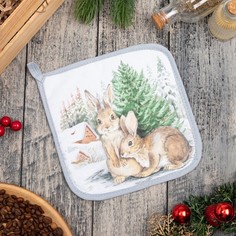 Прихватка "Новогодние зайчики" саржа, 19х19см,100% х/л,ватин 250г/м2 Этель