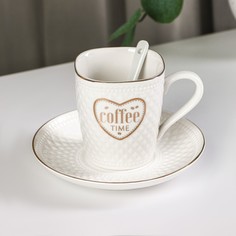 Кофейная пара керамическая с ложкой Coffee, 2 предмета: кружка 190 мл, блюдце, цвет белый No Brand