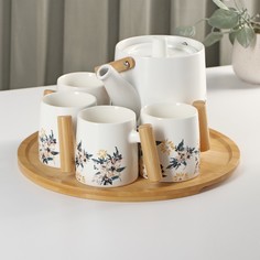 Набор чайный керамический «Сакура», 6 предметов: 4 кружки 250 мл, чайник 1 л, поднос d=29 No Brand