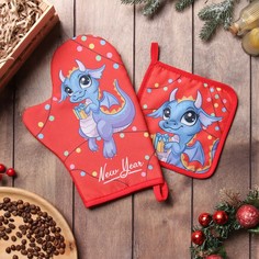 Набор кух. Доляна "Дракон с подарком": варежка 20х28 см, прихватка 17х17 см, 35% хл, 65% п