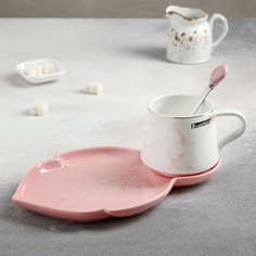 Чайная пара керамическая "Листочек", чашка 320 мл, блюдце 25,5х16 см, ложка, розовый No Brand