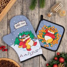 Новогодний набор кухонный Merry Xmas, варежка-прихватка 20х28см, прихватка 17х17см, 35% х/ No Brand