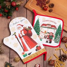 Этель Набор кухонный «Новогодняя ярмарка»: варежка-прихватка 20х28см, прихватка 19х19см,10