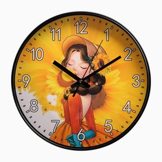 Часы настенные, серия: Интерьер, "Девушка с подсолнухом", плавный ход, d-30 см, АА No Brand
