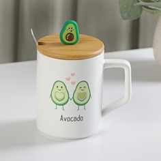 Кружка керамическая с крышкой и ложкой Avocado, 360 мл No Brand