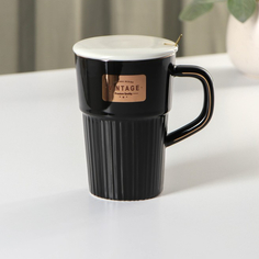 Кружка с керамичесокй крышкой и ложкой "Vintage" черный, 350мл, 11,5х8,5х12,5см No Brand