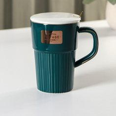 Кружка с керамической крышкой и ложкой "Vintage" изумрудная 12*8,4*12*5 No Brand