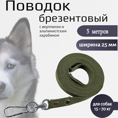 Поводок для собак Хвостатыч с вертлюгом и альпинистским карабином, зеленый, 5 м х 25 мм