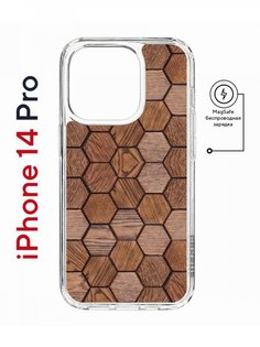 Чехол на iPhone 14 Pro MagSafe Kruche Print Текстура орех противоударный с магнитом КruЧЕ