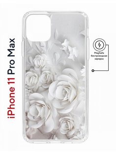 Чехол на iPhone 11 Pro Max MagSafe с принтом Kruche Print White roses с магнитом КruЧЕ