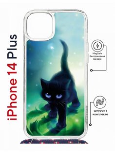Чехол на iPhone 14 Plus MagSafe с принтом Kruche Print Черный кот с магнитом, со шнурком КruЧЕ