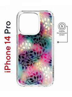 Чехол на iPhone 14 Pro MagSafe Kruche Print Цветные листья противоударный с магнитом КruЧЕ