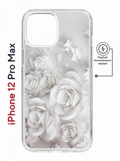 Чехол на iPhone 12 Pro Max MagSafe Kruche Print White roses противоударный с магнитом КruЧЕ