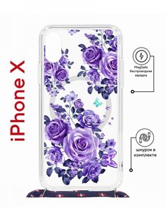 Чехол на iPhone X, Xs MagSafe с принтом Kruche Print Roses с магнитом, со шнурком КruЧЕ