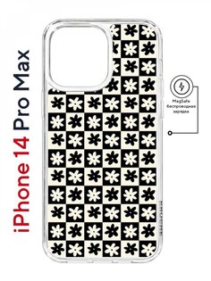 Чехол на iPhone 14 Pro Max MagSafe Kruche Print Шахматы-цветы противоударный с магнитом КruЧЕ