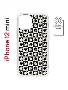 Чехол на iPhone 12 mini MagSafe Kruche Print Шахматы-цветы противоударный с магнитом КruЧЕ