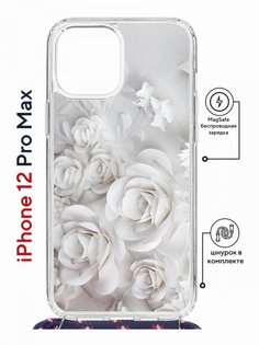 Чехол на iPhone 12 Pro Max MagSafe Kruche Print White roses с магнитом, со шнурком КruЧЕ