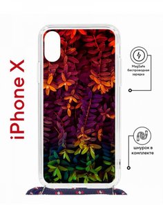 Чехол на iPhone X, Xs MagSafe с принтом Kruche Print Neon leaves с магнитом, со шнурком КruЧЕ