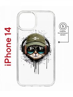 Чехол на iPhone 14 MagSafe Kruche Print Кот в наушниках противоударный с магнитом КruЧЕ