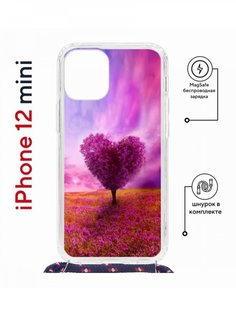 Чехол на iPhone 12 mini MagSafe с принтом Kruche Print Pink heart с магнитом, со шнурком КruЧЕ