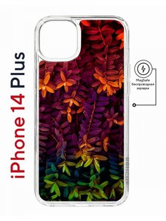 Чехол на iPhone 14 Plus MagSafe Kruche Print Neon leaves противоударный с магнитом КruЧЕ
