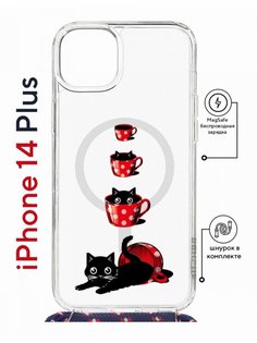 Чехол на iPhone 14 Plus MagSafe Kruche Print Котенок в чашке с магнитом, со шнурком КruЧЕ
