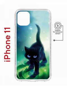 Чехол на iPhone 11 MagSafe с принтом Kruche Print Черный кот противоударный с магнитом КruЧЕ