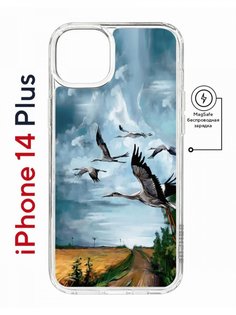 Чехол на iPhone 14 Plus MagSafe с принтом Kruche Print Журавли противоударный с магнитом КruЧЕ