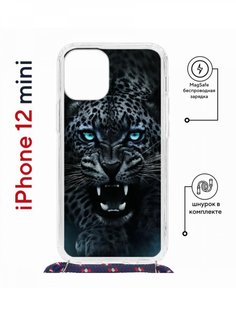 Чехол на iPhone 12 mini MagSafe Kruche Print Дикий леопард с магнитом, со шнурком КruЧЕ