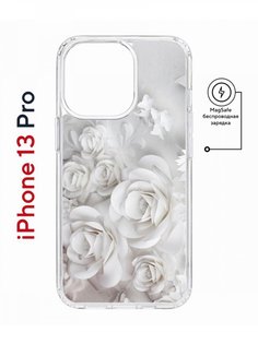 Чехол на iPhone 13 Pro MagSafe Kruche Print White roses противоударный с магнитом КruЧЕ