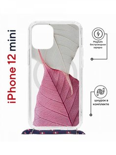 Чехол на iPhone 12 mini MagSafe Kruche Print Pink and white с магнитом, со шнурком КruЧЕ