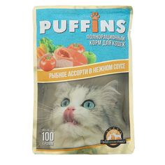 Влажный корм для кошек Puffins сочные кусочки рыбное ассорти в соусе 24 шт по 100 г No Brand