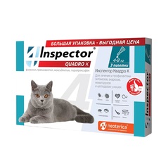 Капли от блох и клещей животных INSPECTOR Quadro для кошек и собак 4-8 кг 3 пипетки