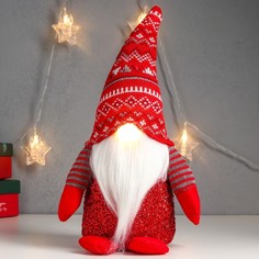 Кукла интерьерная свет "Дед Мороз светящийся нос, в красном колпаке с узорами" 33х17х12 см No Brand
