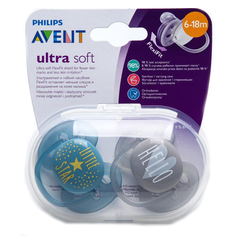 Пустышка ultra soft, Little star/Hello, 6-18 мес., 2 шт, для мальчиков Philips Avent