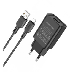 Сетевое зарядное устройство c USB Borofone, BA68A,+Lightning, черное, 2.1A No Brand