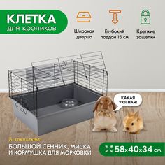 Клетка для кроликов PetTails складная, миска, 2 кормушки, серая, черная, 58x40x34 см