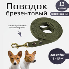 Поводок для собак Хвостатыч с золотистым карабином, зеленый, брезент, 13 м х 20 мм