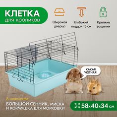 Клетка для кроликов PetTails складная, миска, 2 кормушки, бирюзовая, черная,58x40x34 см