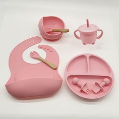 Детский силиконовый набор посуды IQchina 9 предм, розовый